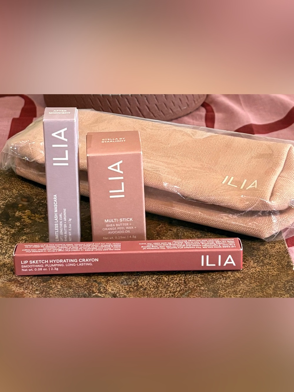 ILIA Full Size Multi-Stick, Lip Crayon, Mini Limitless Lash Mascara & Pouch